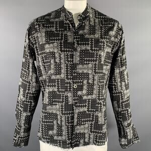 GREG LAUREN Size L Black White Bandana Cotton Band Collar Long Sleeve Shirt